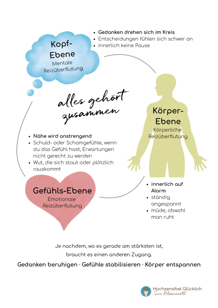 Grafik zur Reizüberflutung auf drei Ebenen: mentale, emotionale und körperliche Überforderung